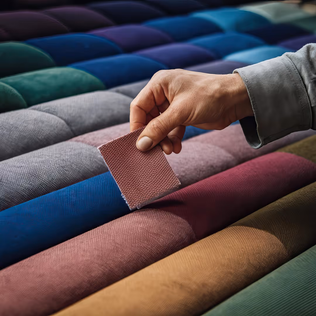 Ruka drži uzorak tkanine iznad raznobojnih tekstila.