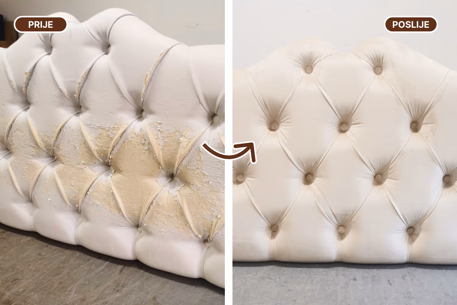 Usporedba prije i poslije tapeciranja bijelog uzglavlja kreveta