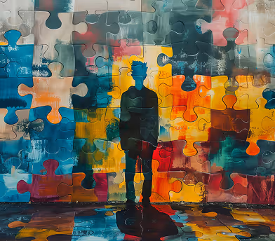 Mysterious drawing image with puzzle wall and shadow of a person