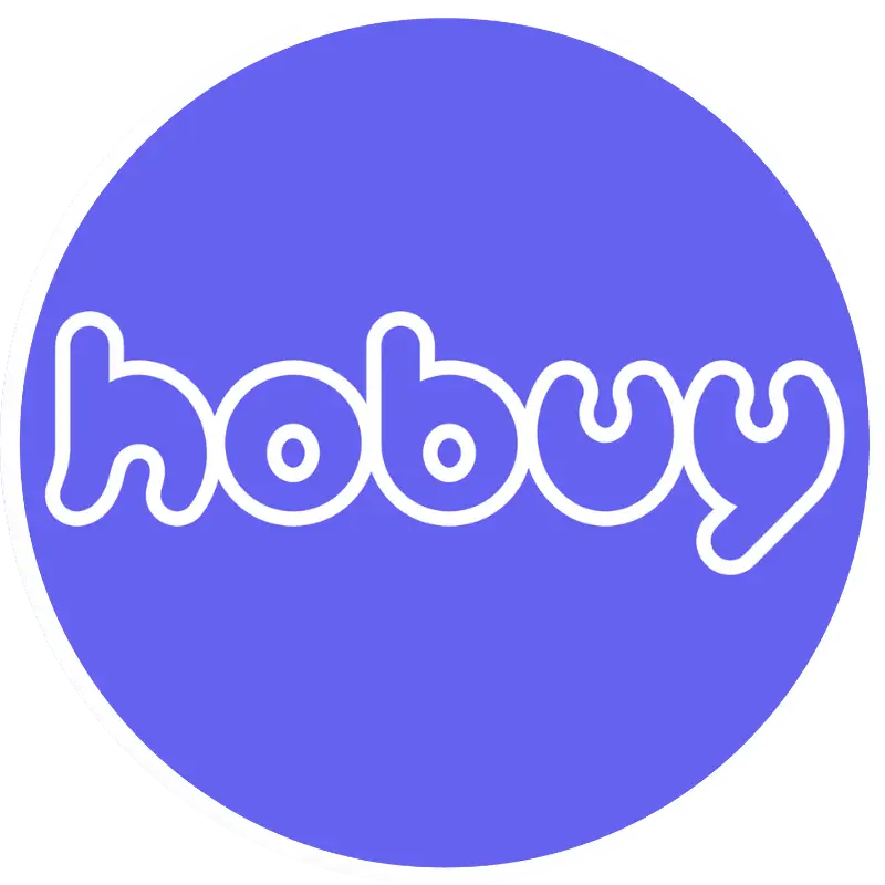 Hobuy brand logo in white rounded letters on a blue circular background.