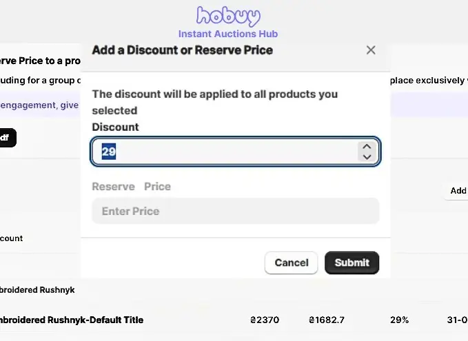 Popup window that shows the merchant how to set a technical discount (or reserve price) on selected items for sale at Hobuy Instant Auctions, with options to cancel or submit.