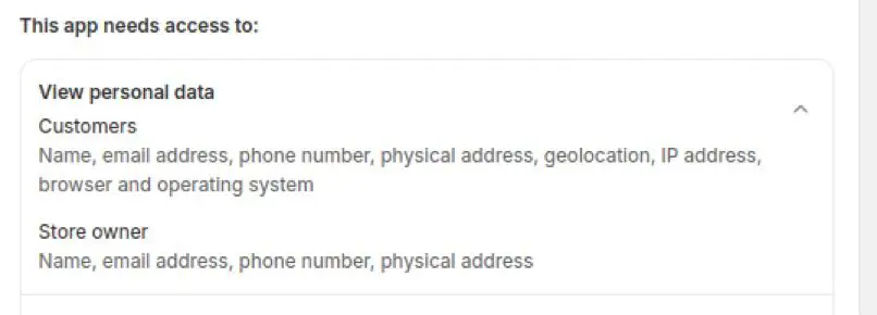 App permission request detailing access to customers' and store owner's personal data.