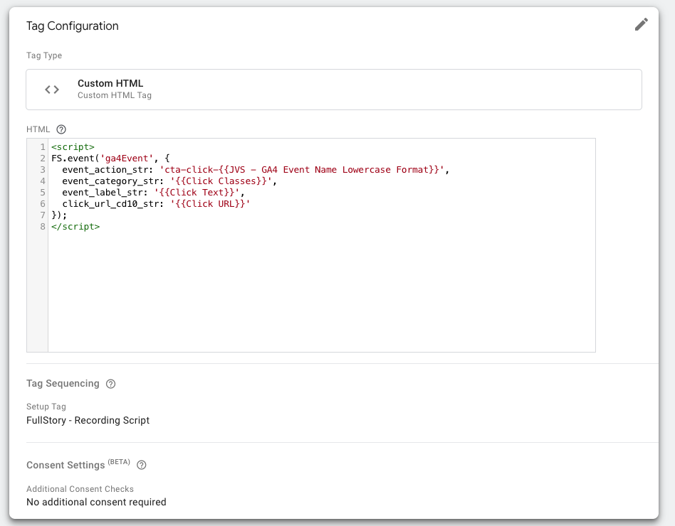 Example of how to send custom events from Google Tag Manager to FullStory using an HTML tag with specific event parameters and triggers