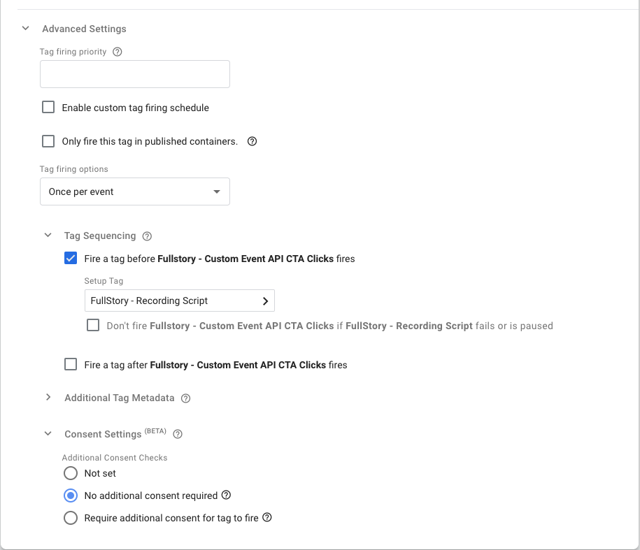 Google Tag Manager interface showing how to set tag sequencing so the custom event fires before the FullStory script