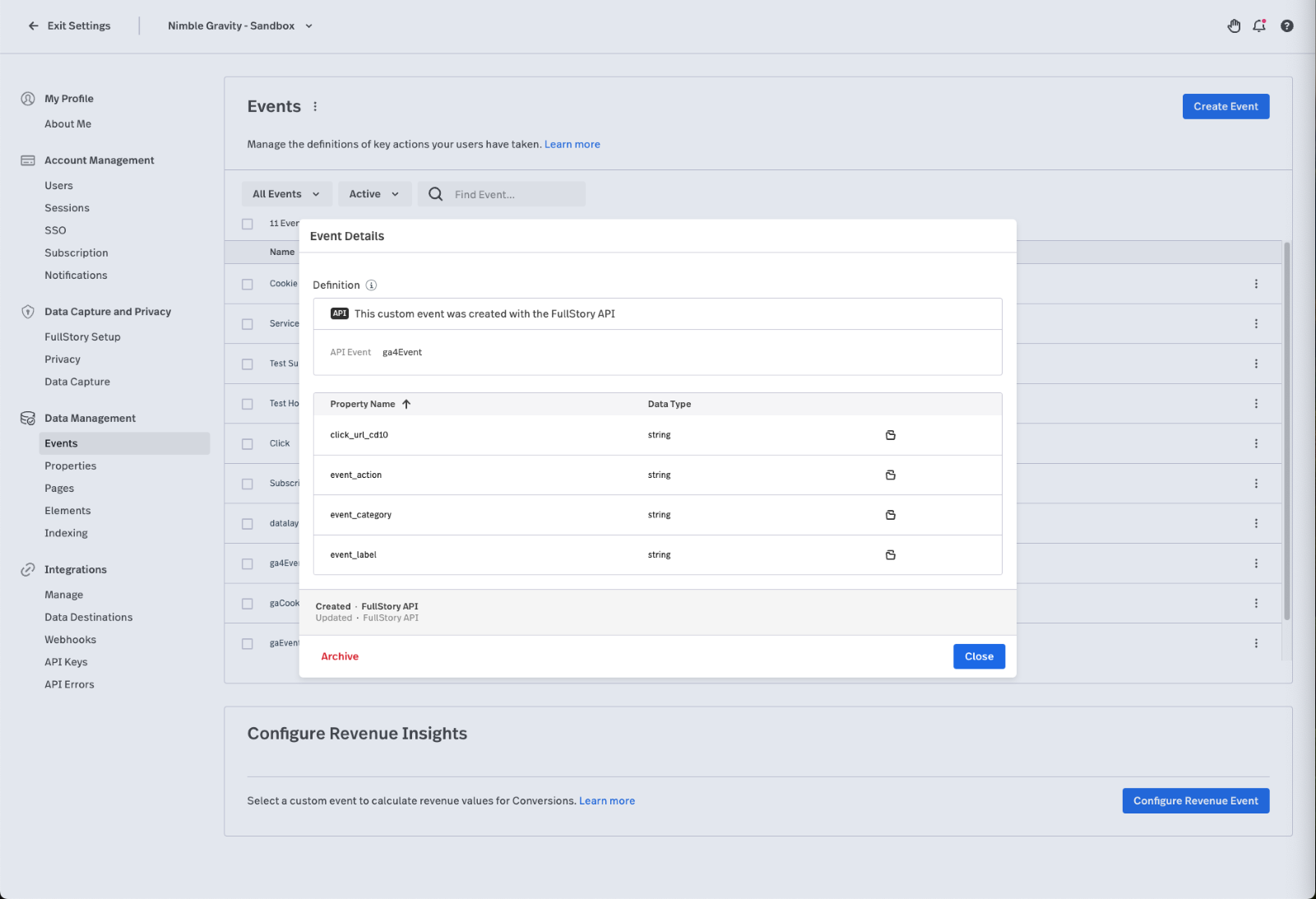 FullStory Data Management screen showing a selected custom event and its associated string-type parameters
