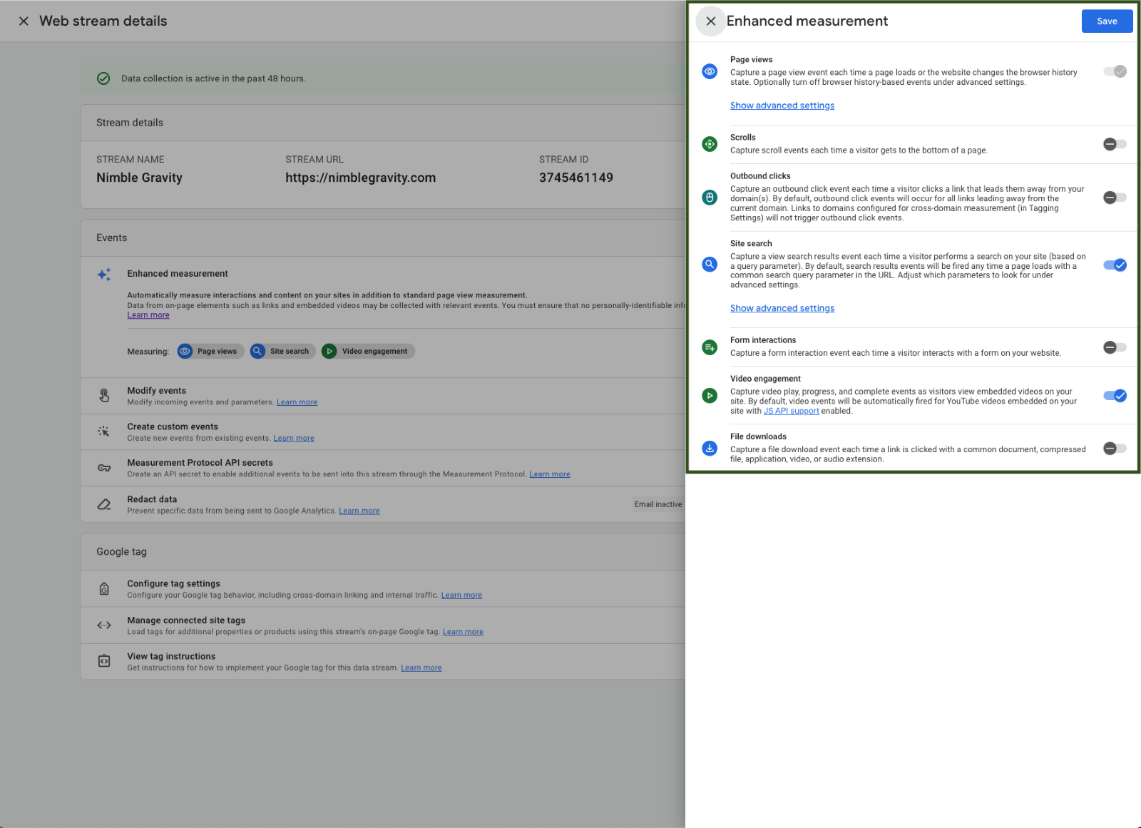 GA4 enhanced measurement window displaying toggles for automatic event tracking options in Data Stream settings