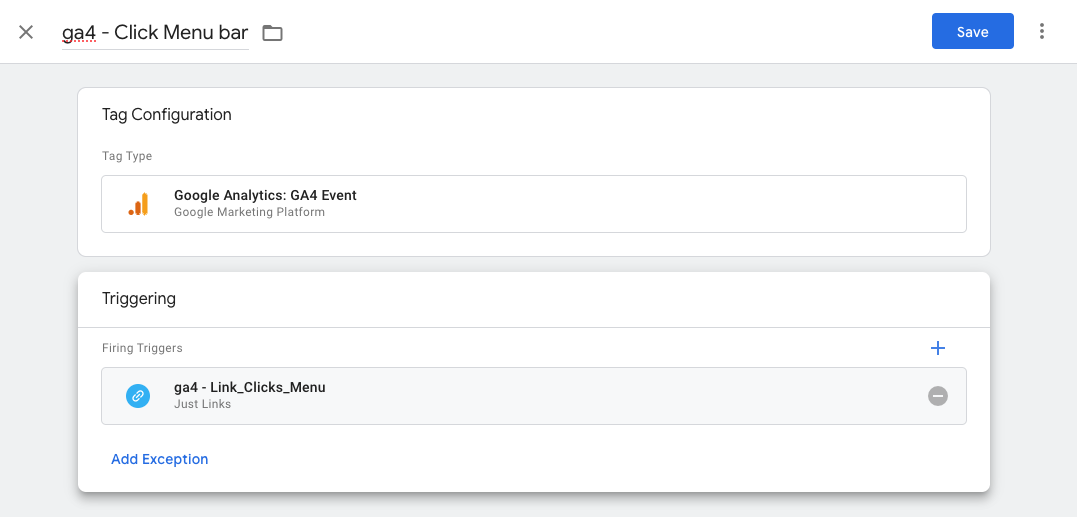 Google Tag Manager tag configuration screen showing the firing trigger setup for a custom event