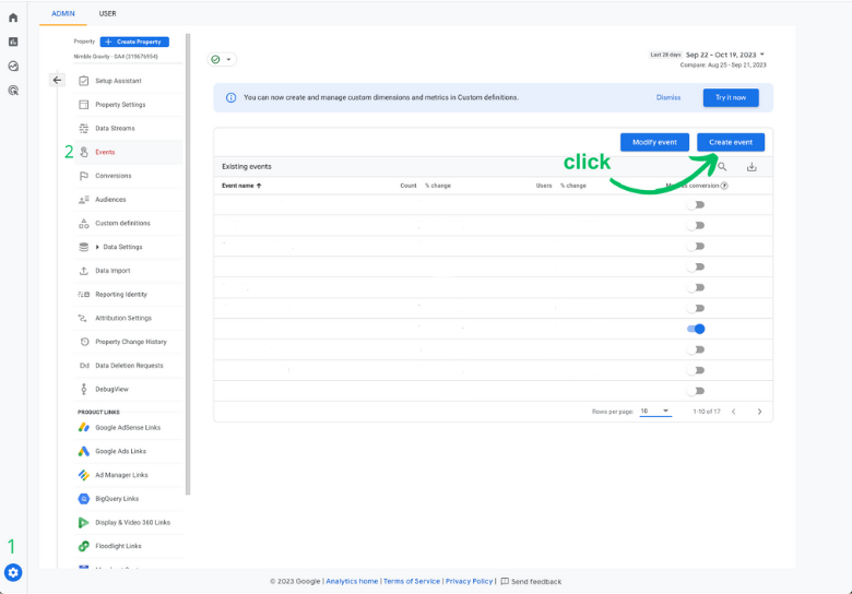 GA4 create event panel showing custom event setup