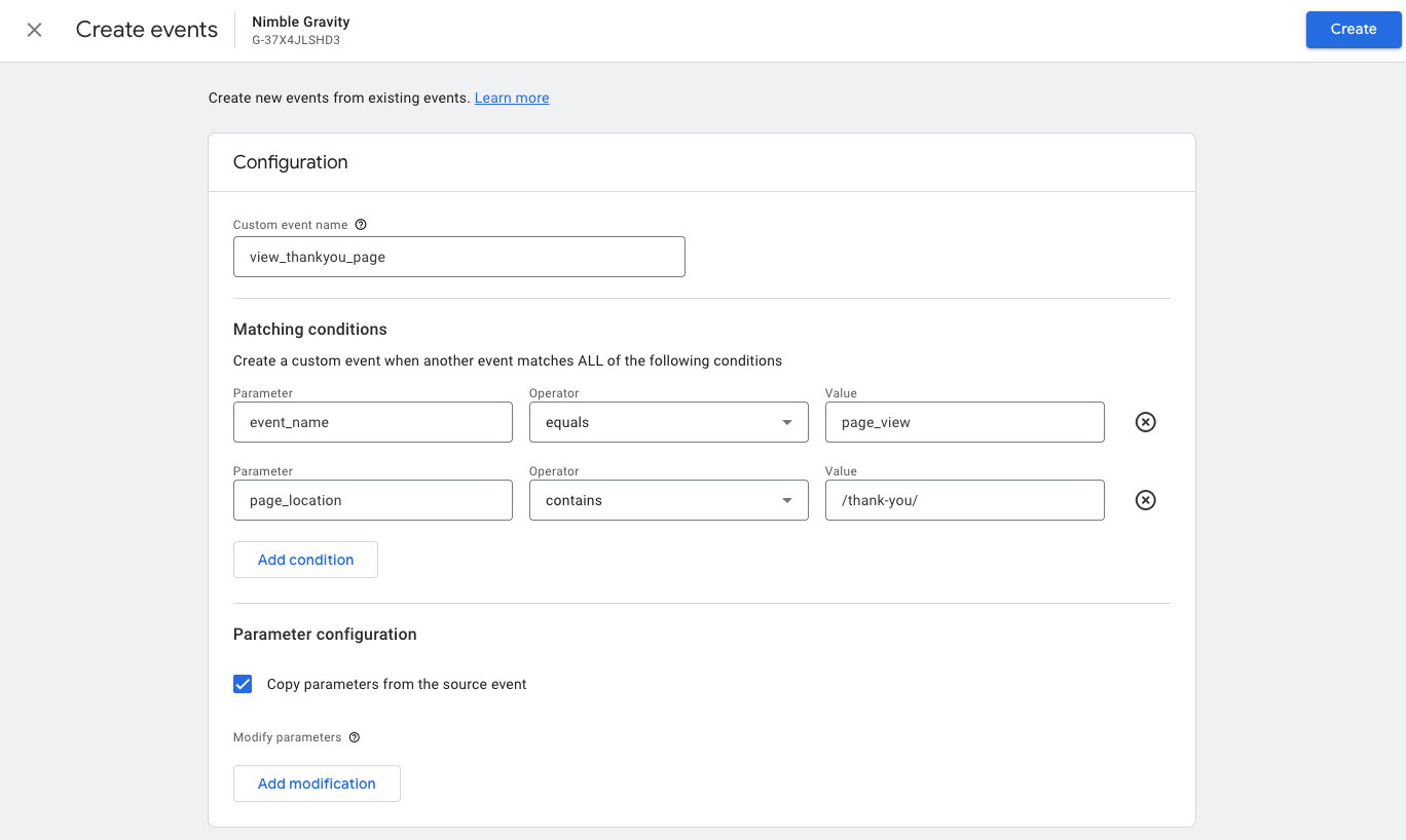 GA4 create events configuration screen setting up view_thankyou_page custom event with page_view and URL condition containing /thank-you/