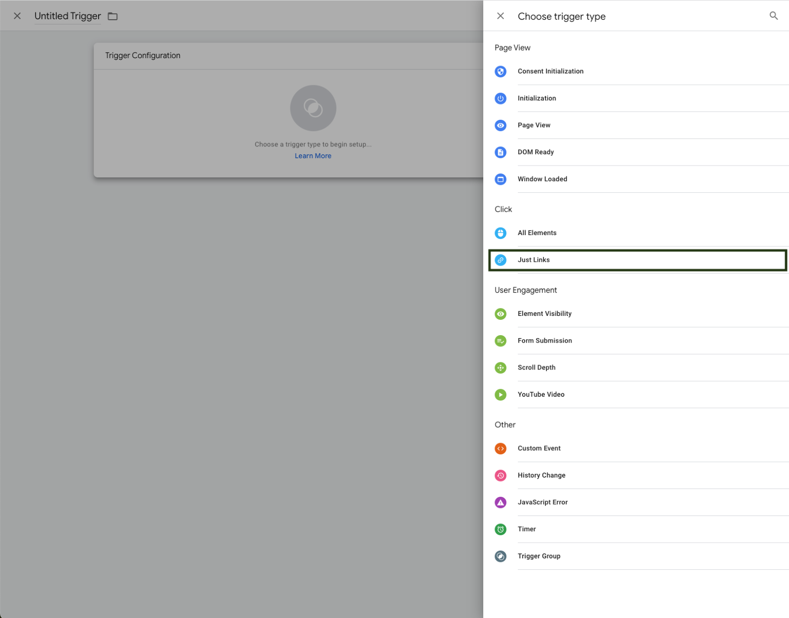 GTM trigger configuration screen with 'Just Links' selected as the trigger type for tracking link click events