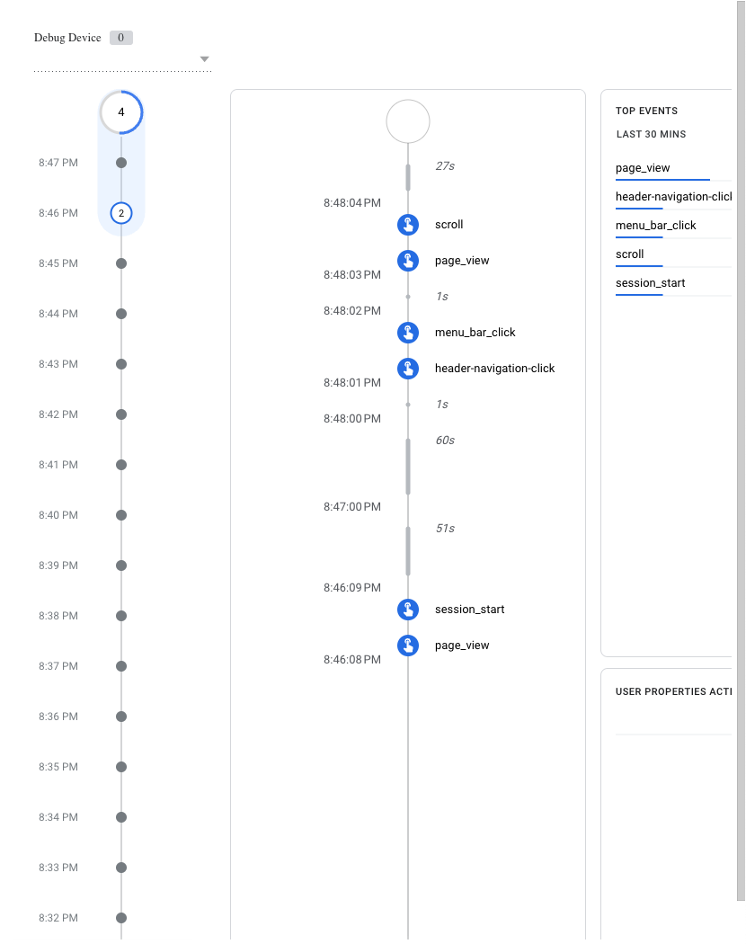 GA4 DebugView interface displaying Debug Device, event timeline, and Top Events section for testing custom event parameters