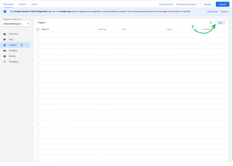 Google Tag Manager workspace view with 'Triggers' section selected to create a new trigger for tracking menu bar link and button clicks