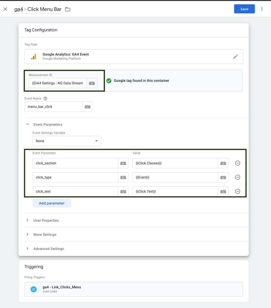 GTM tag configuration screen showing custom GA4 event parameters setup including click class, event type, and clicked text for menu link tracking