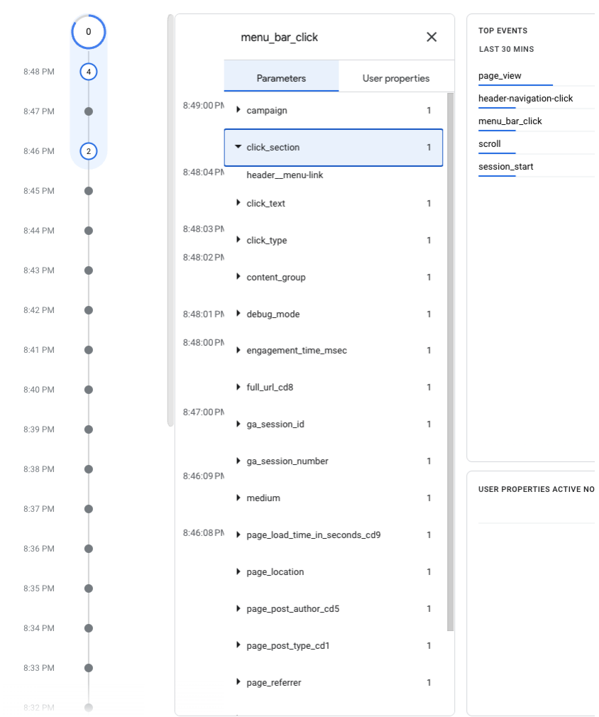 GA4 DebugView interface showing event timeline and parameter details to verify values passed from menu link clicks