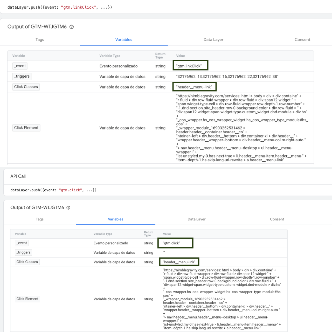 GTM Preview Mode showing duplicate Link Click and Button Click events with matching click class 'header__menu-link' for HubSpot menu items on Nimble Gravity website