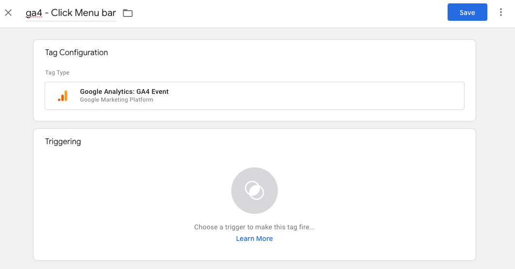 GTM tag configuration window for setting up a GA4 Event tag with custom event parameters in Google Tag Manager