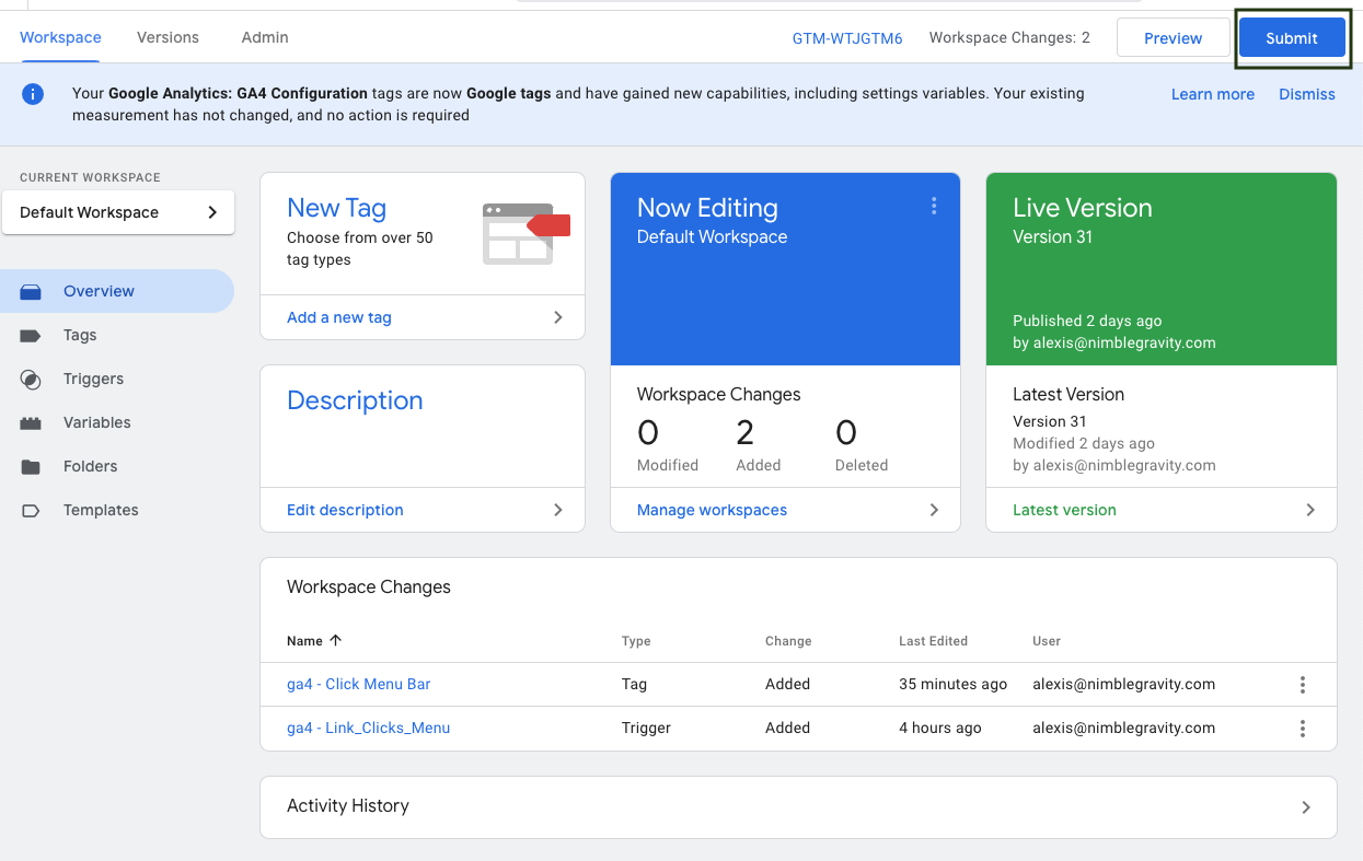 Google Tag Manager interface with the Submit button highlighted to publish container changes and activate custom event tracking in GA4
