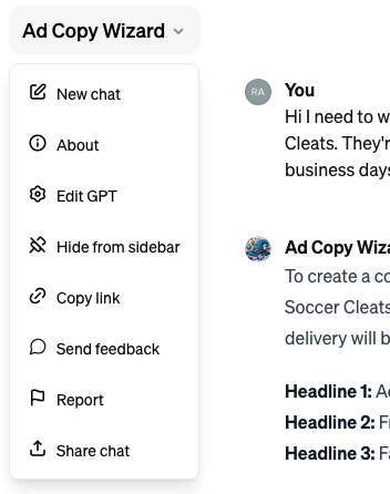 Ad Copy Wizard drop down menu