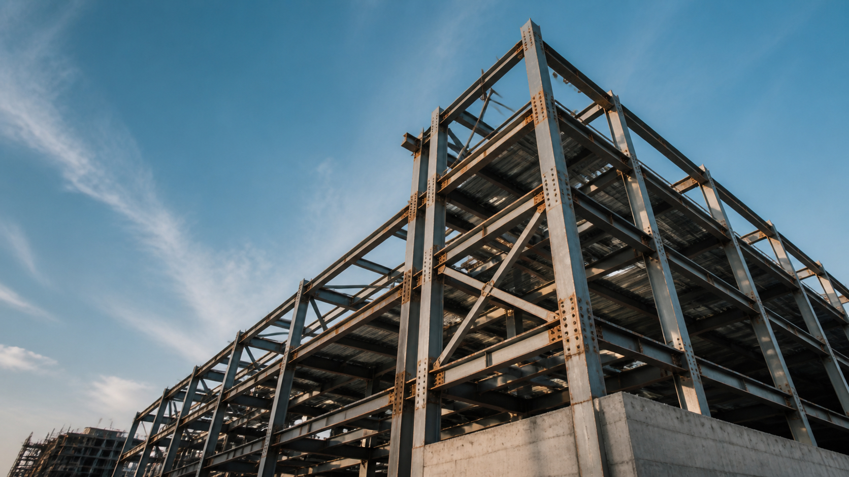 Upward view of a modern building's structural framework under construction, representing a bank building a new AI and data foundation