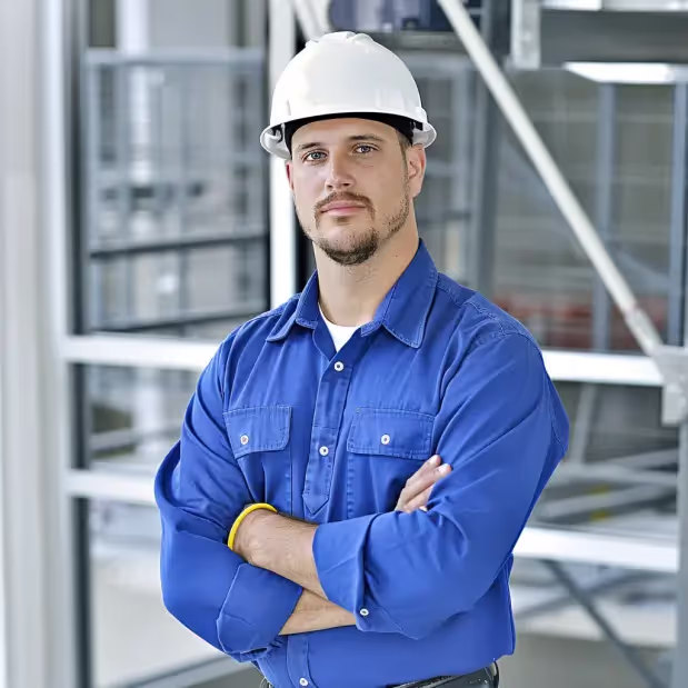 Construction worker arms folded looking forward