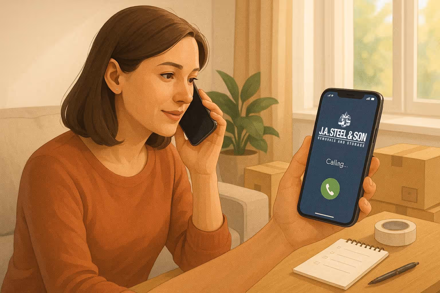 A woman sits at a table, talking on her phone. An incoming call shows on another phone.