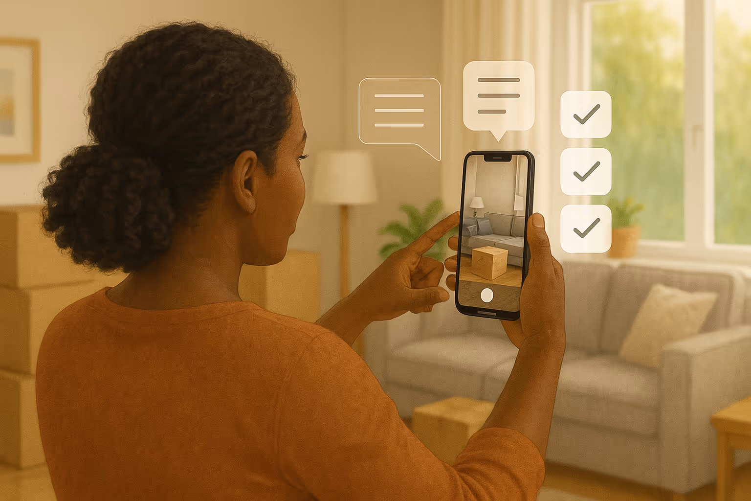 A person uses a phone app to visualize furniture placement in a living room.