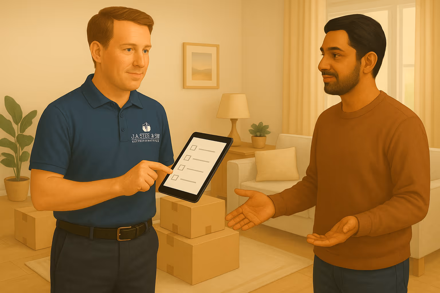 One man shows a checklist on a tablet to another man in a room with moving boxes.