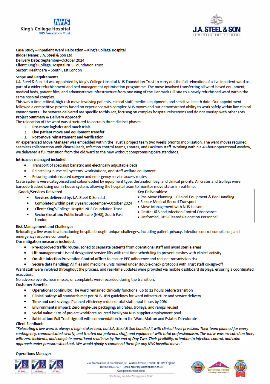Text document titled "Case Study - Inpatient Ward Relocation," detailing project scope for King’s College Hospital in London.