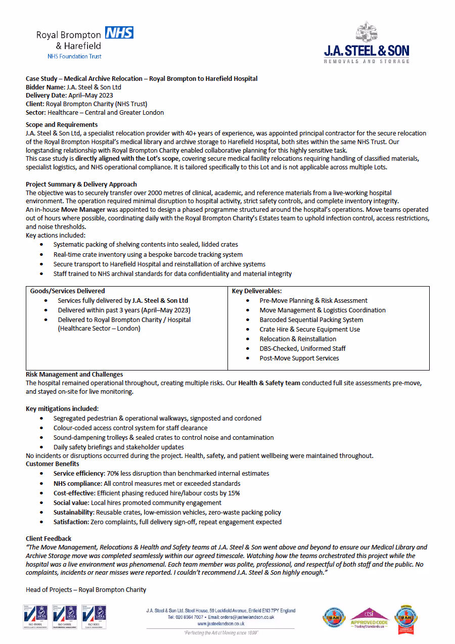 Document titled "Case Study – Medical Archive Relocation." Content includes project summary, scope, and client feedback for JA Steel & Son Ltd.