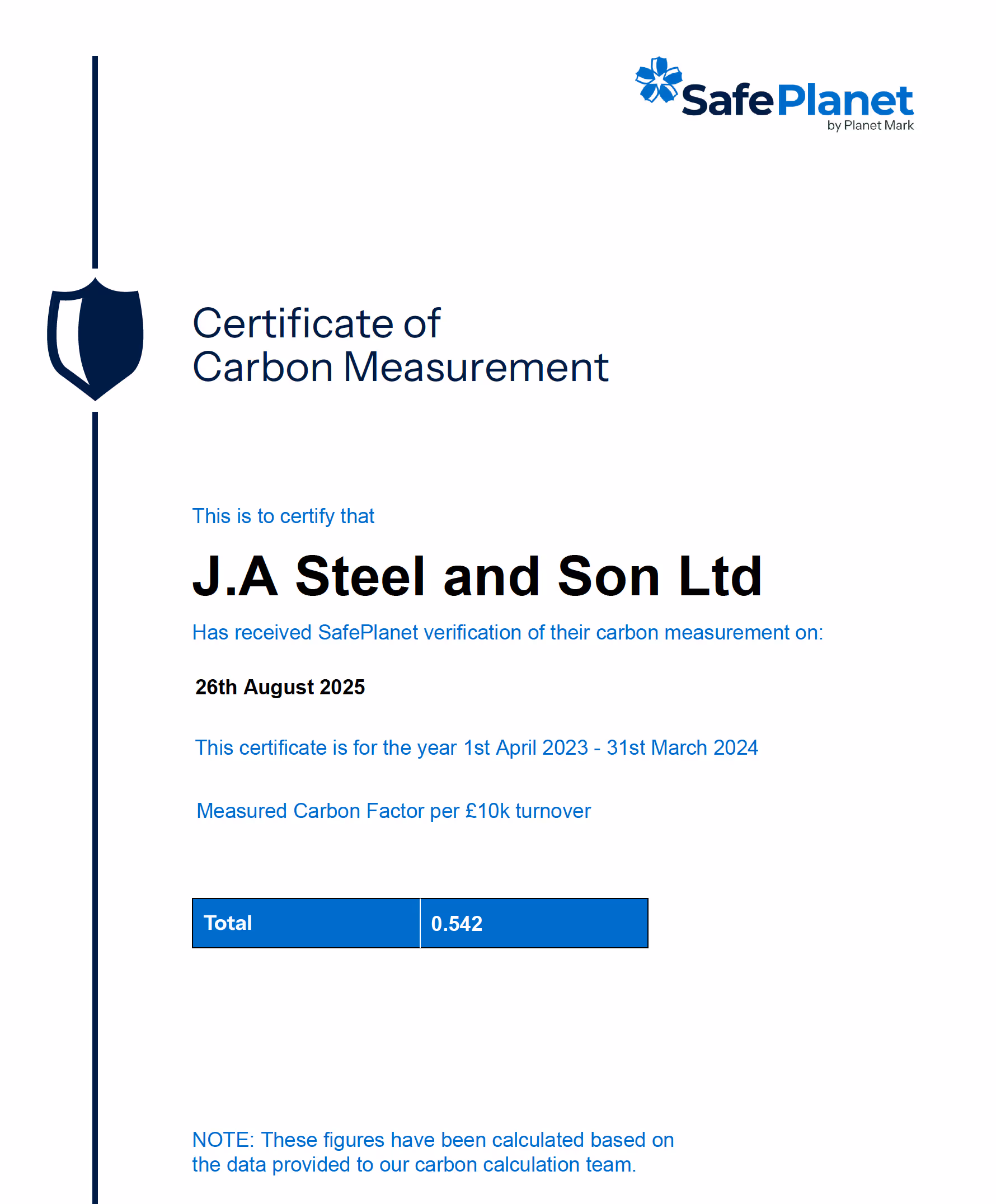 Certificate awarded to J.A Steel and Son Ltd for carbon measurement verification by SafePlanet on August 2025.