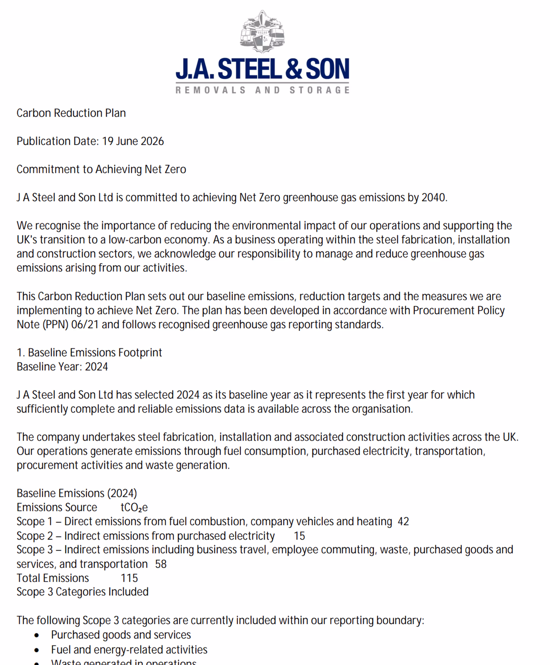 Carbon Reduction Plan for J A Steel and Son Ltd, detailing emissions footprint and future reduction strategies.