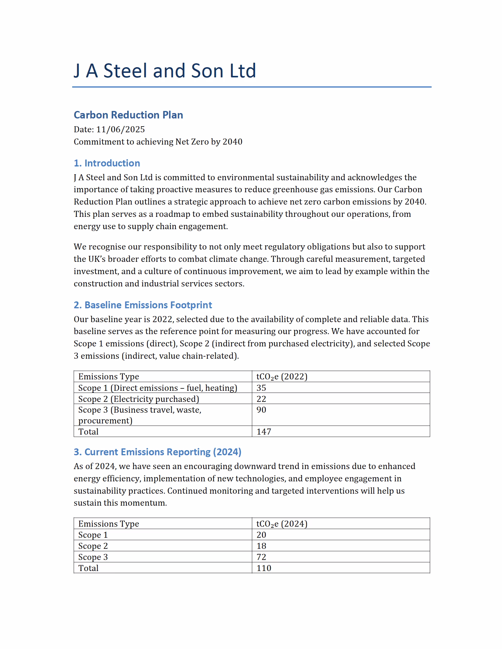 Carbon Reduction Plan for J A Steel and Son Ltd, detailing emissions footprint and future reduction strategies.