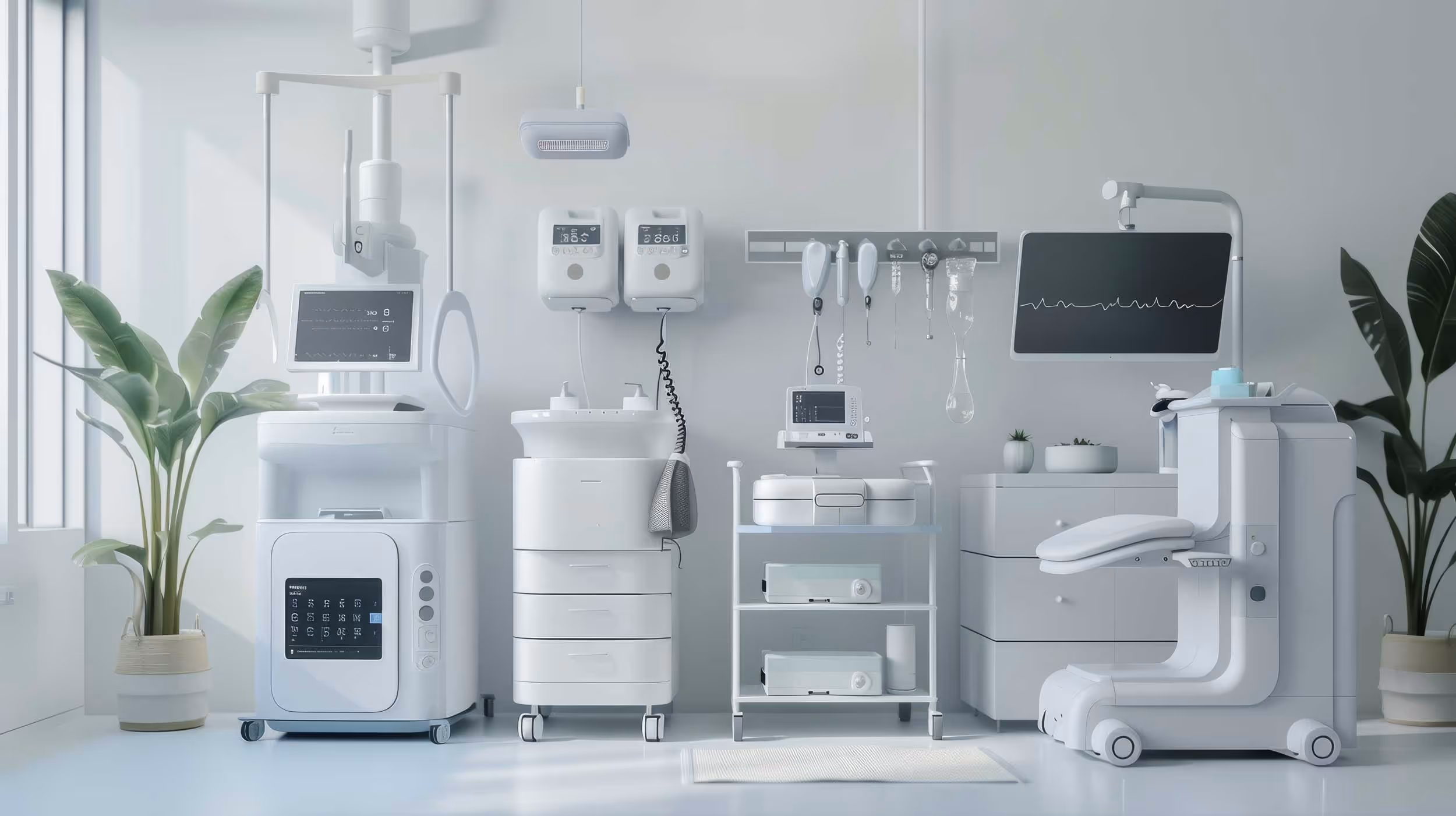 A modern hospital room with various medical equipment, including monitors, an IV stand, and examination devices.