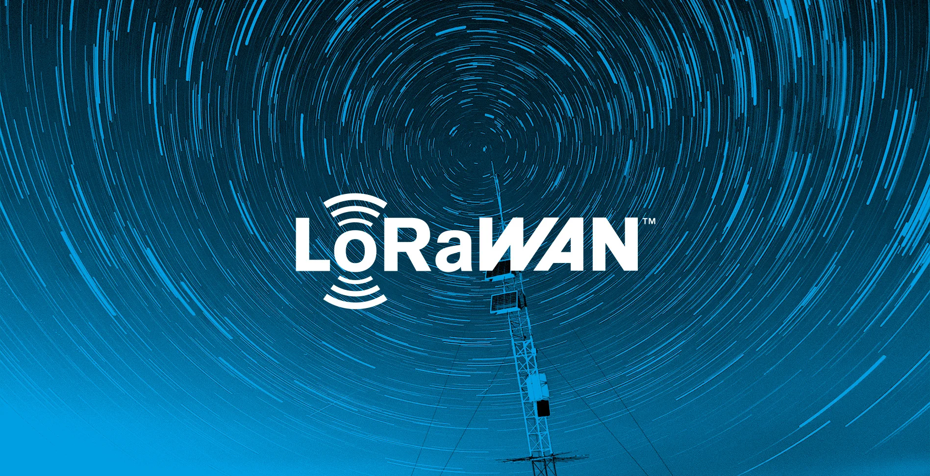 Satellite tower with stars rotating around with the LoRaWAN® logo in the middle.