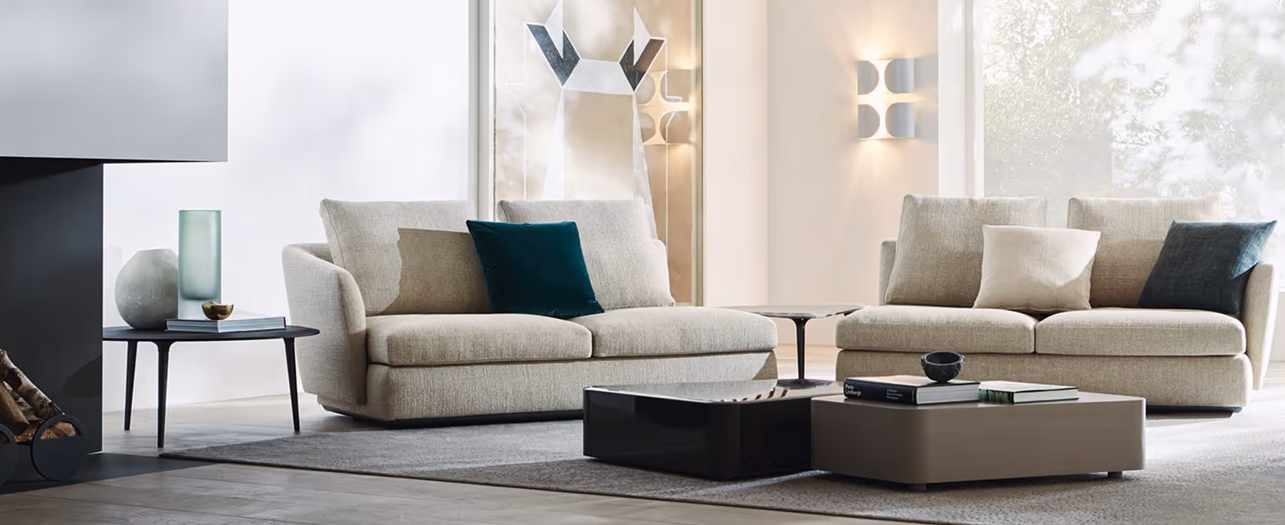 Bright room with a mixture of light and dark furnishings.