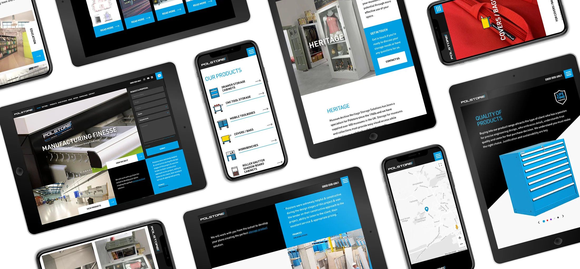 An array from mobile devices with the Polstore website on them displaying the responsive design of the Polstore website.