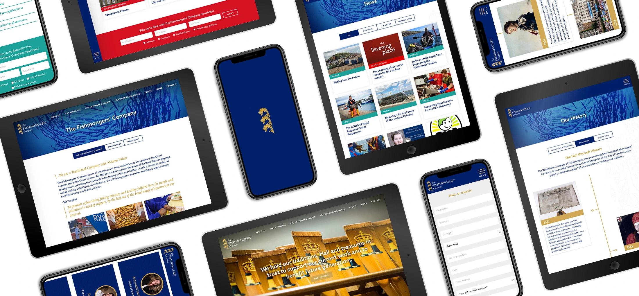 Multiple mobile devices laid out with different screens of The Fishmongers' Company's website on them. This displays the responsive design of the website.