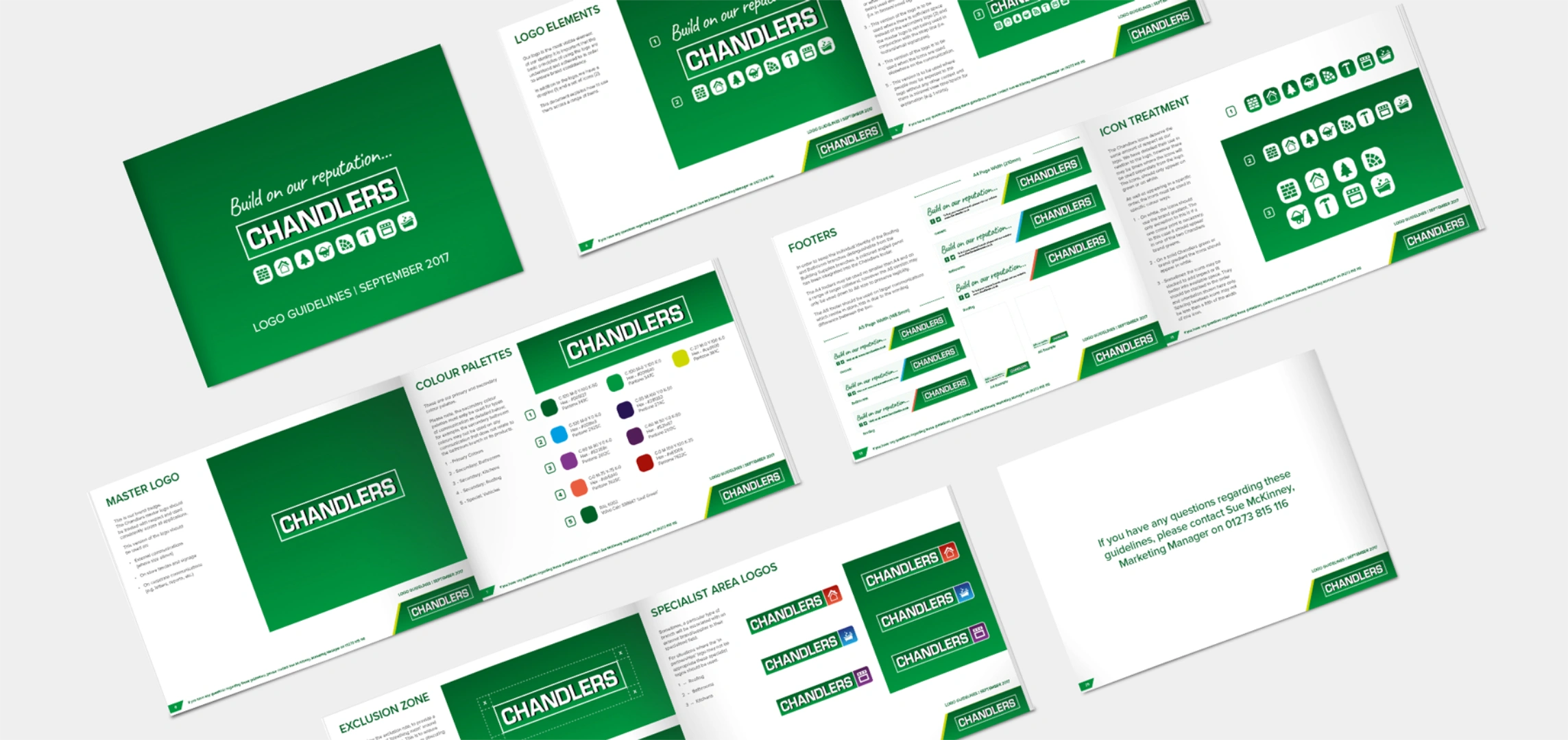 Green and white Chandlers Builders Merchant branded documents laid on a grey background.