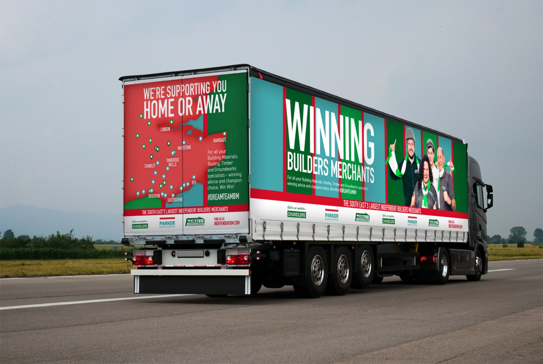 IBMG lorry with blue, green and red branding for Independent builders merchants group.