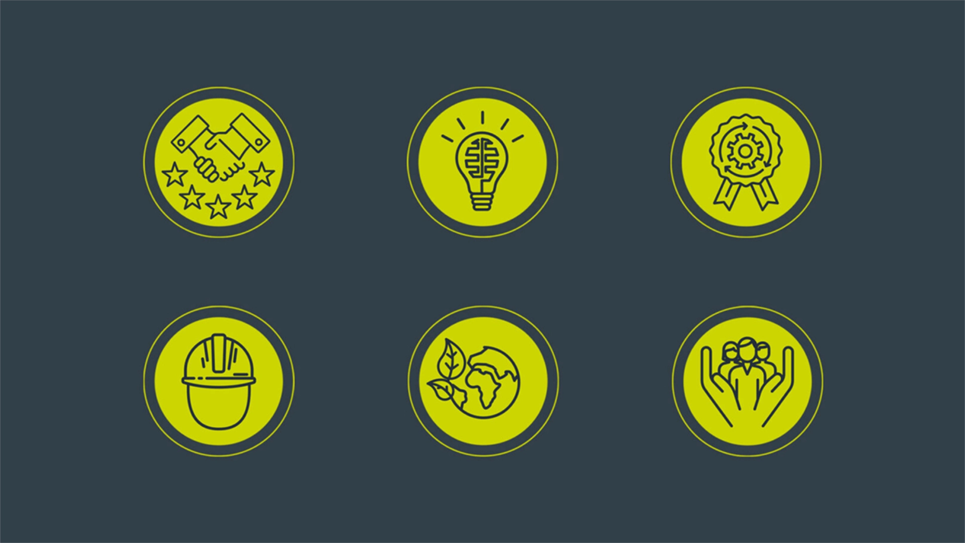 Six roundel icons in green on a dark green/blue background.