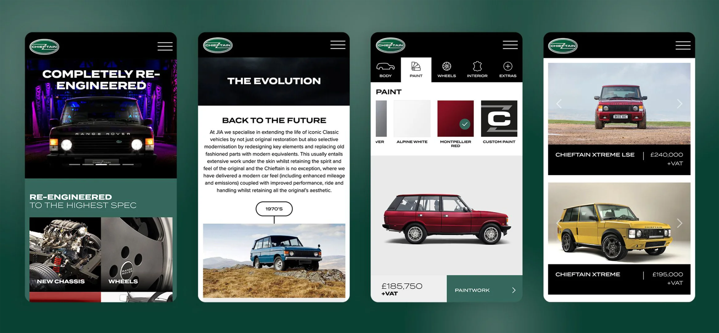 Four mobile device screens with the Chieftain Range Rover website on them showing its mobile responsive design. 