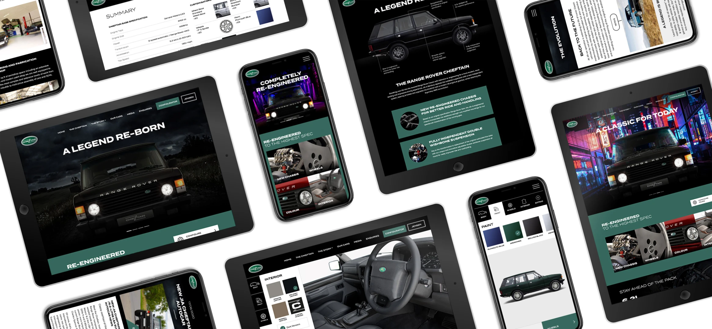 Multiple different mobile devices running the Chieftain Range Rover website showing responsive development.