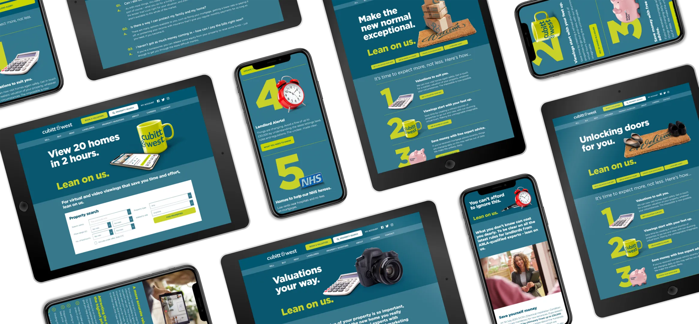 Multiple mobile devices laid out with the Arun Estates website running on them showcasing responsive development.