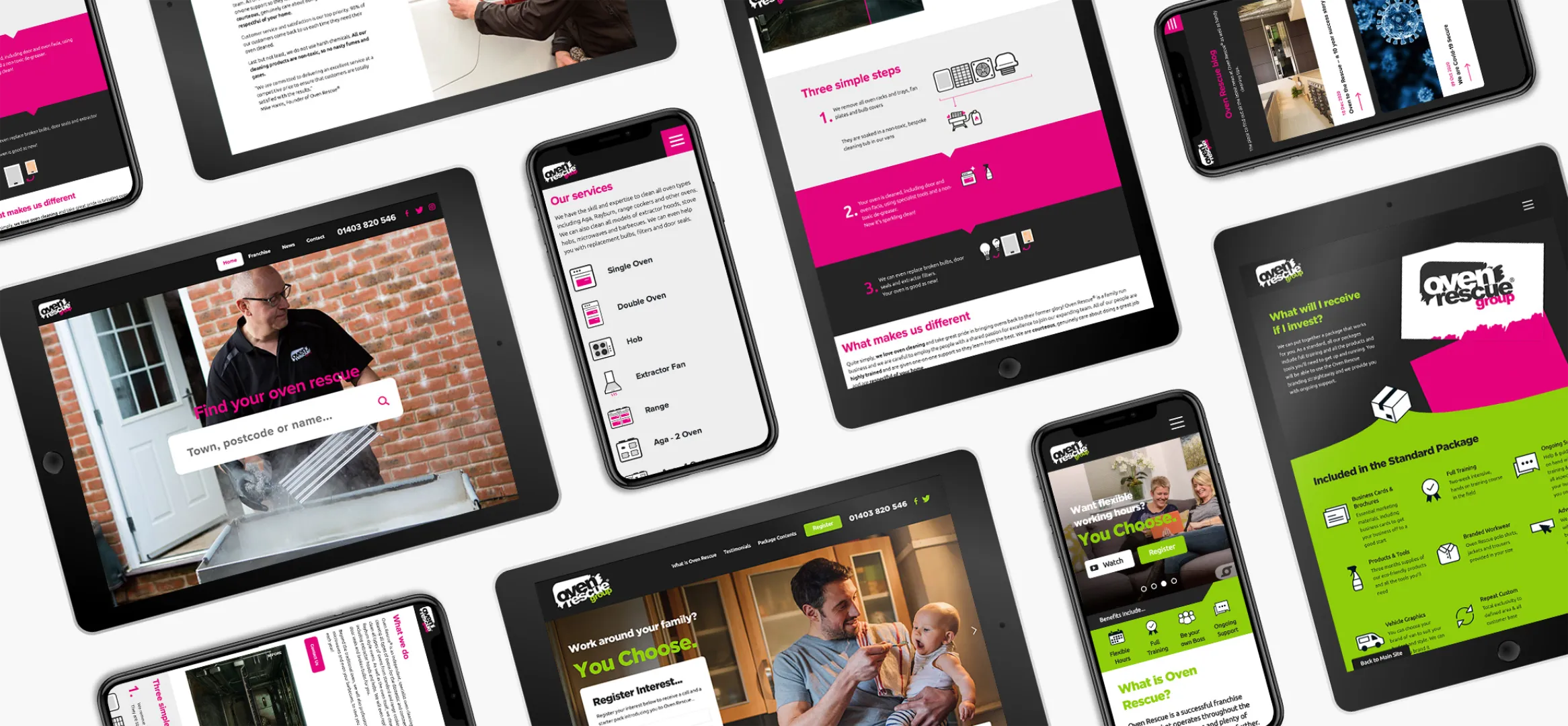 Several mobile devices with the Oven Rescue website running on them, displaying responsive and mobile friendly design and development.