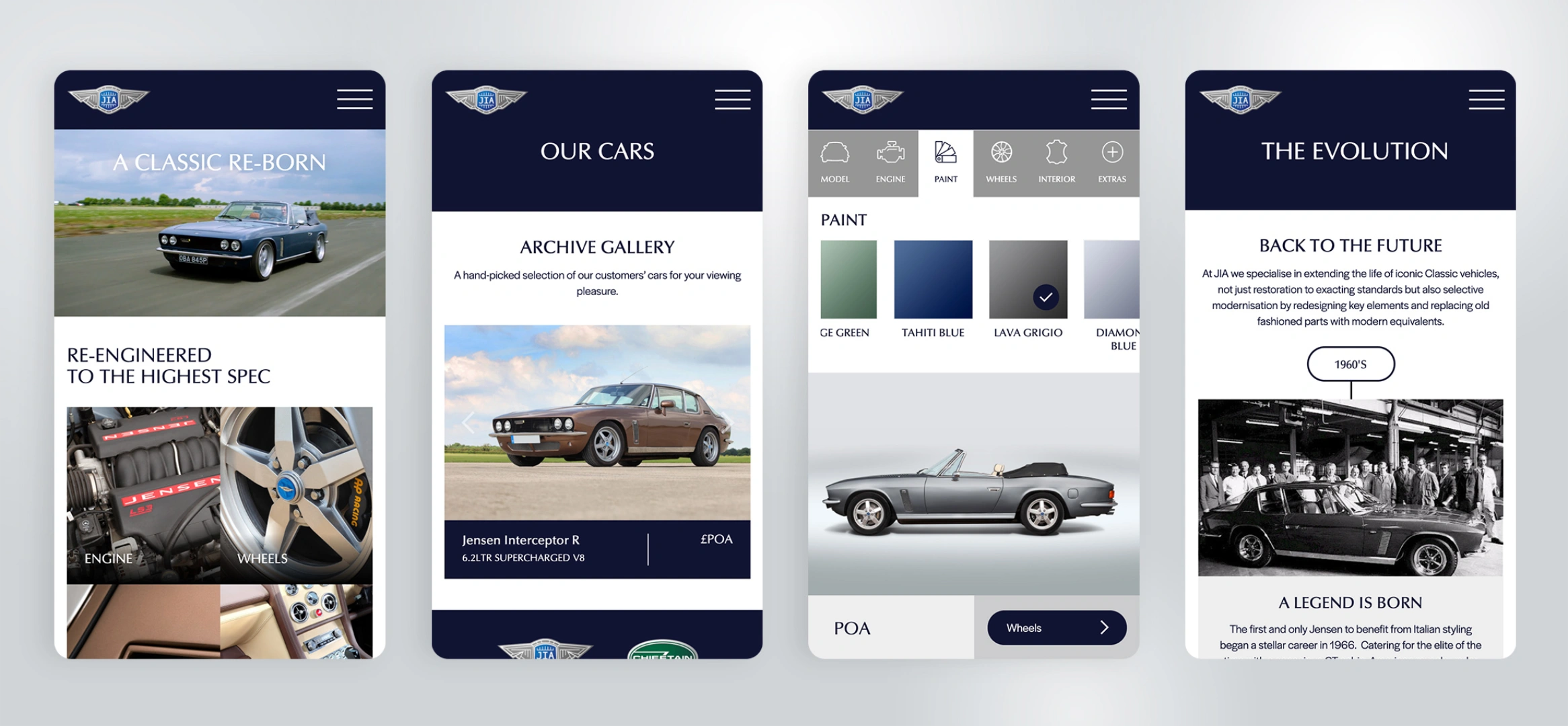 Some flat designs of Jensen International Automotive's website.