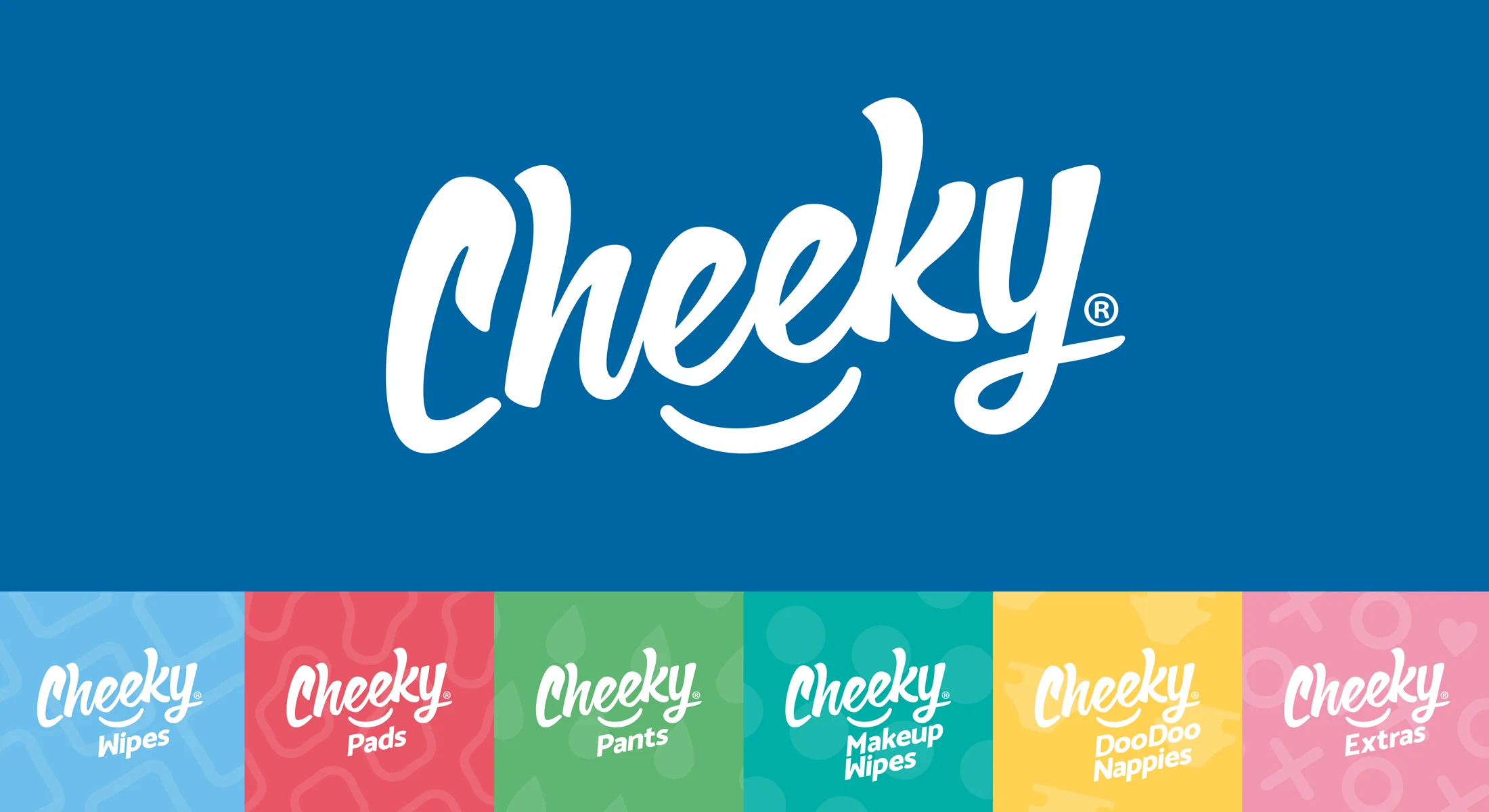Cheeky brand logo with product categories: Wipes, Pads, Pants, Makeup Wipes, DooDoo Nappies, and Extras on colorful backgrounds.