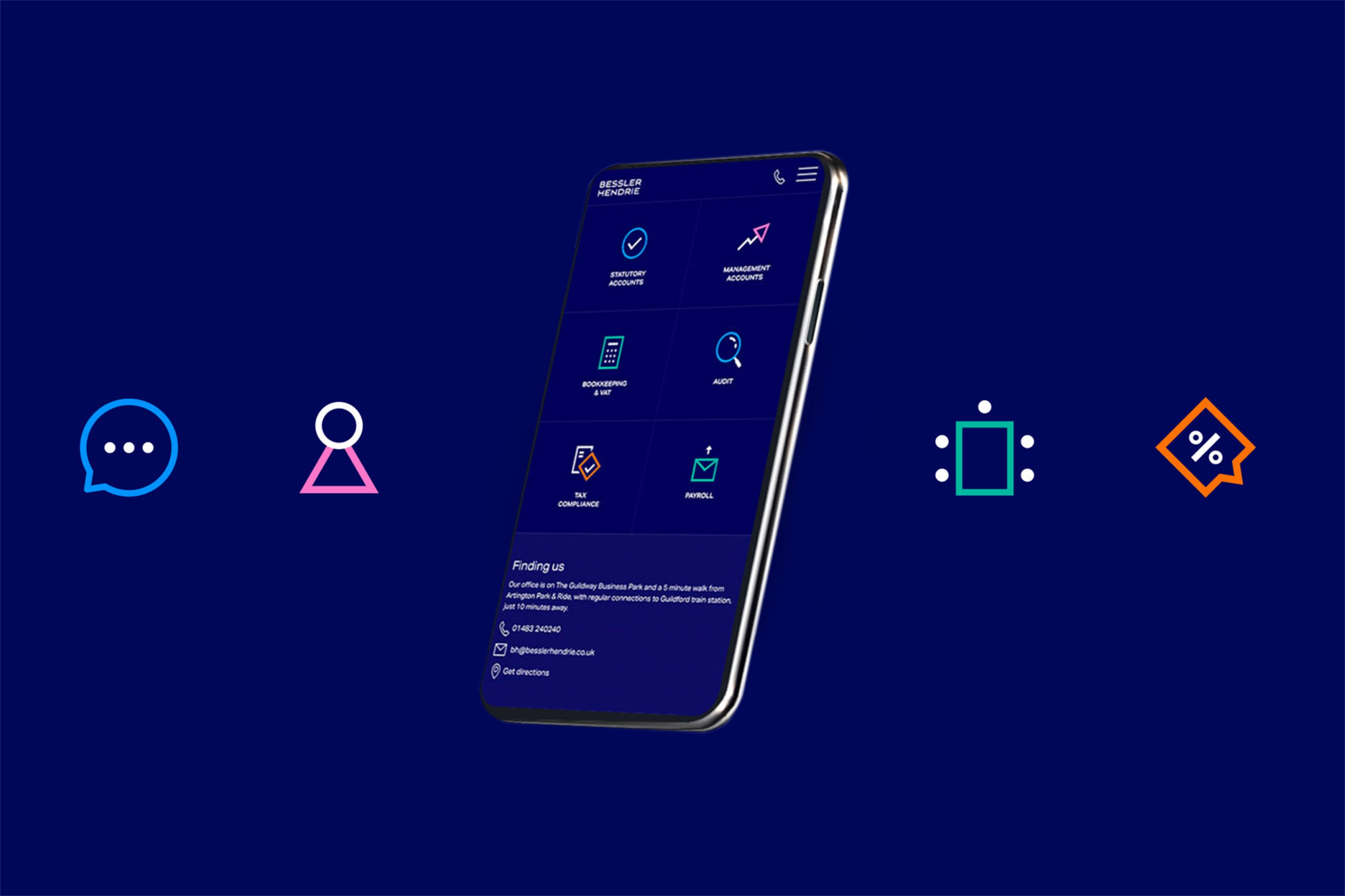 Colourful icons and the Bessler Hendrie website running on a mobile device.