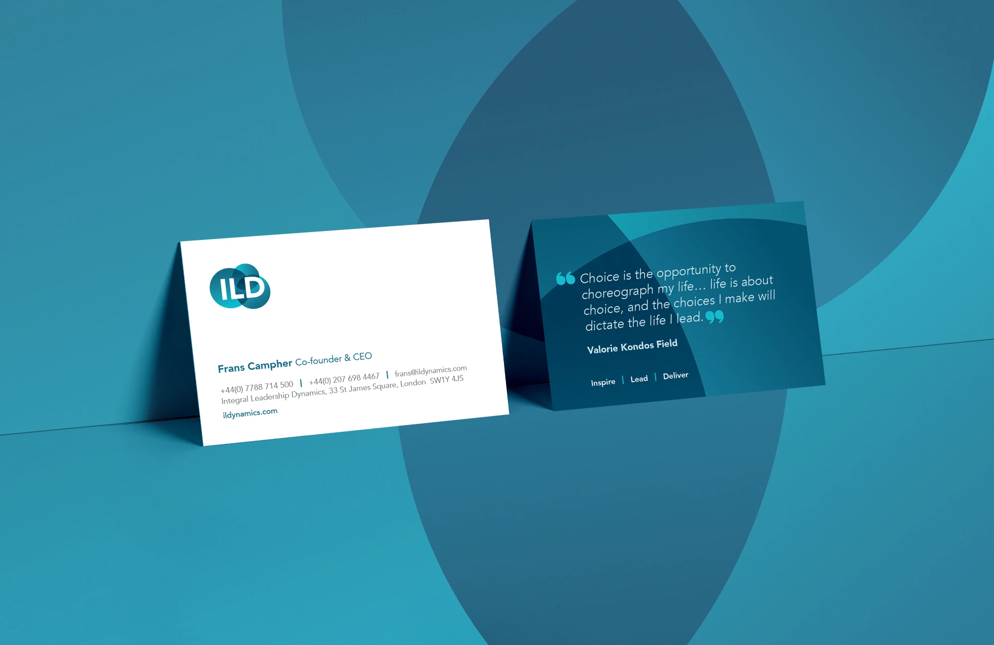 Front and back of Integral Leadership Dynamics business cards leaning up on a blue patterned background.