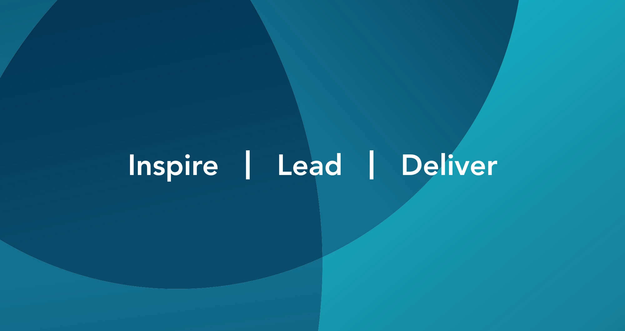 "Inspire | Lead | Deliver" on a monochromatic blue background with a circular pattern.