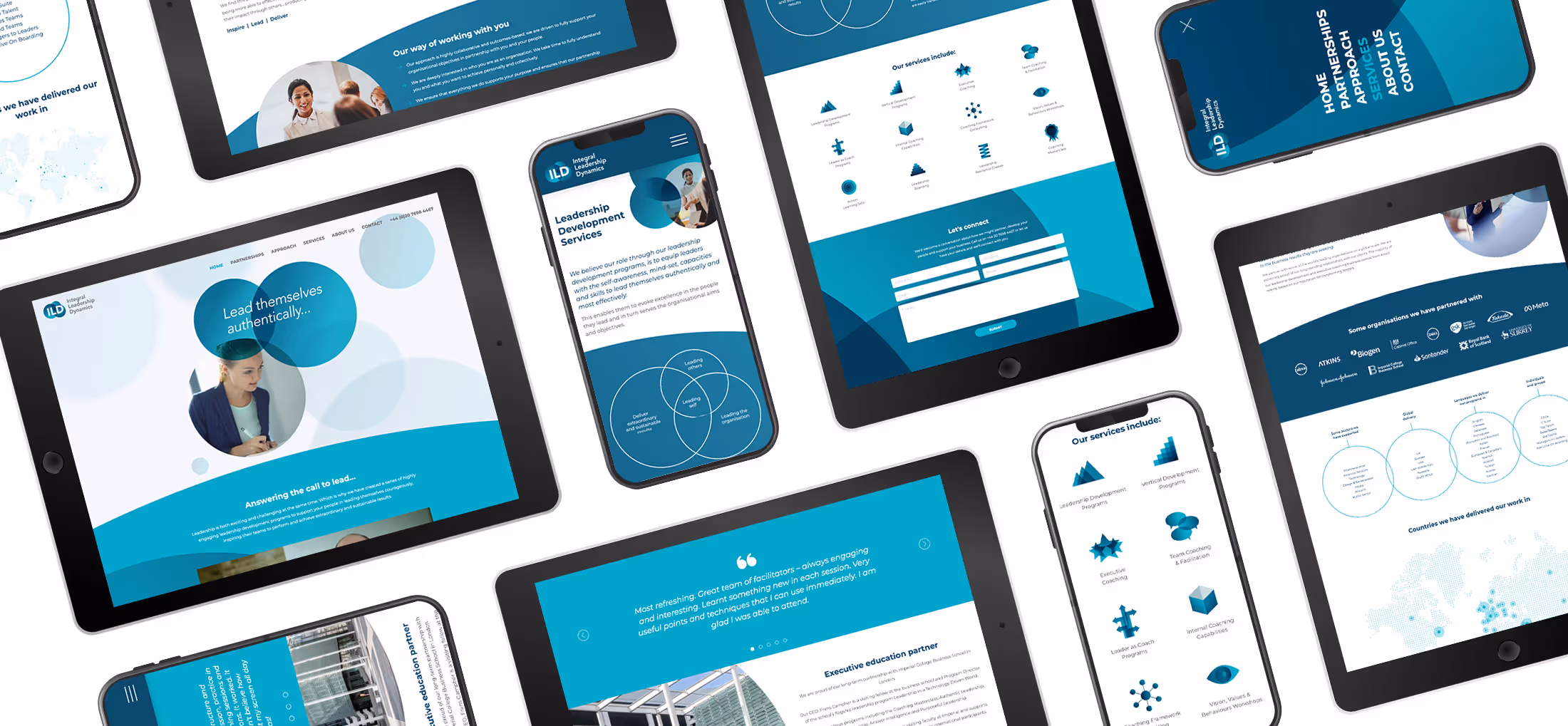 A range of mobile devices all with the ILD website running on them showcasing responsive development.